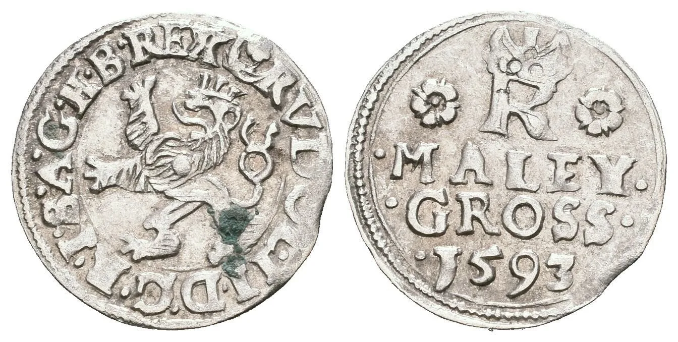 Malý groš 1593, Jáchymov-Hofmann, HN.8b (opis 7c), pěkná zachovalost, patina na Av., — 1