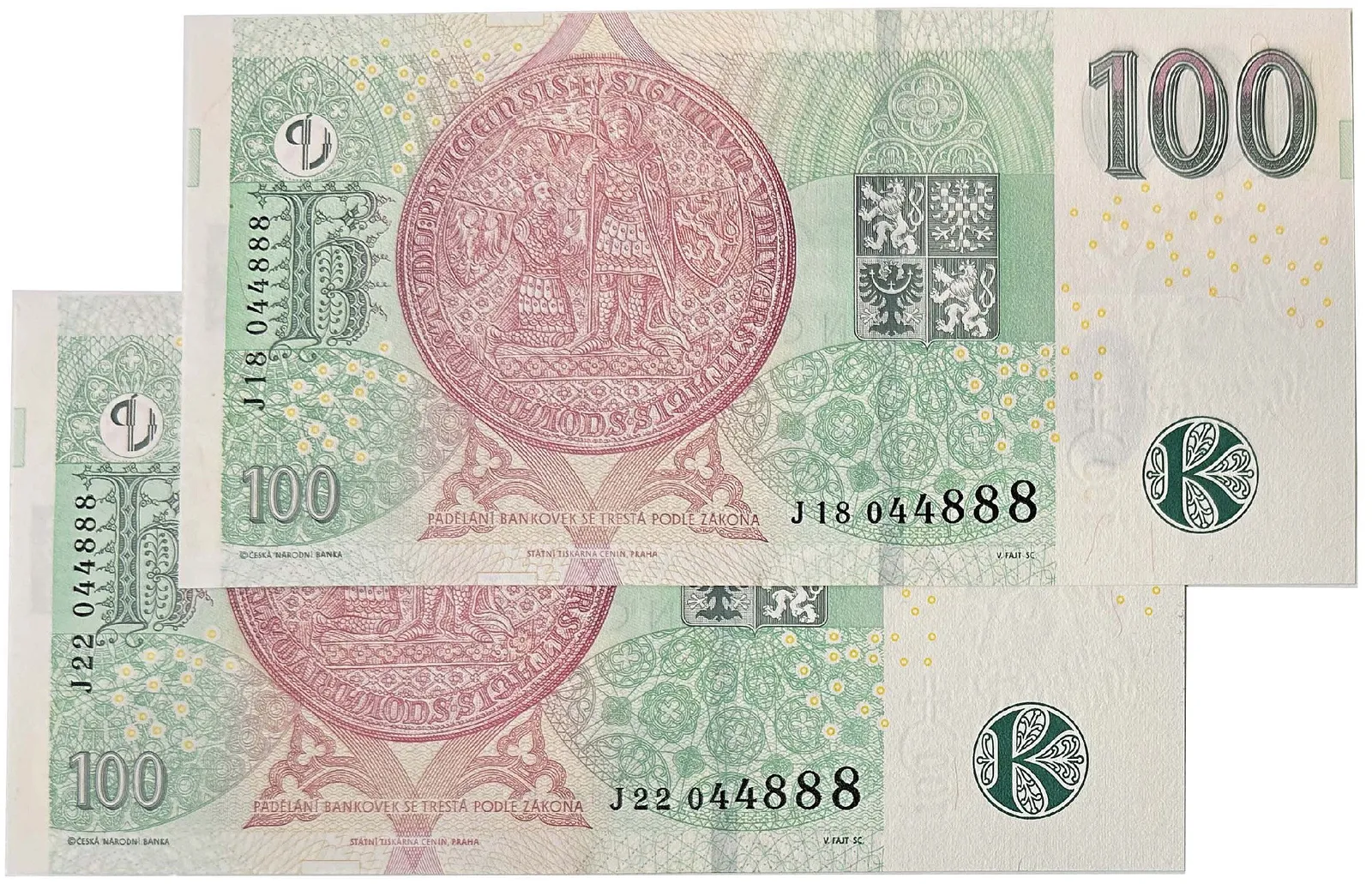 Česká republika, 100 Koruna 2018, série J 18 + J 22 (obě číslo 044888), Hej.CZ31aJ    2 ks