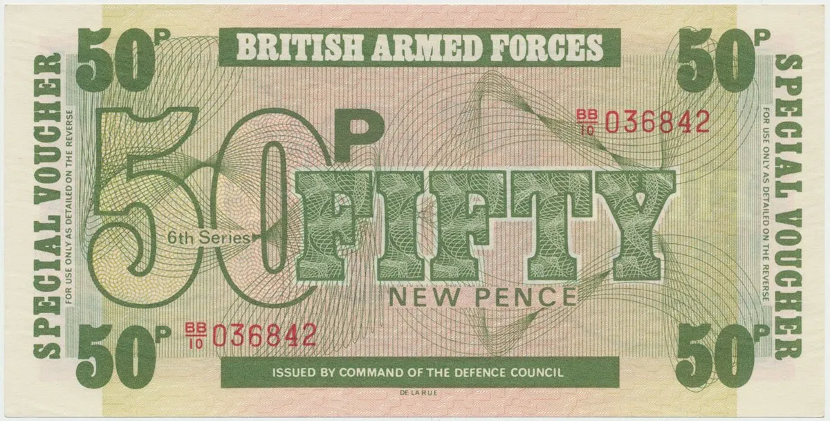 Velká Británie, 50 New Pence (1972), BAF - vojenské vydání, tisk TDLR, P.M46a