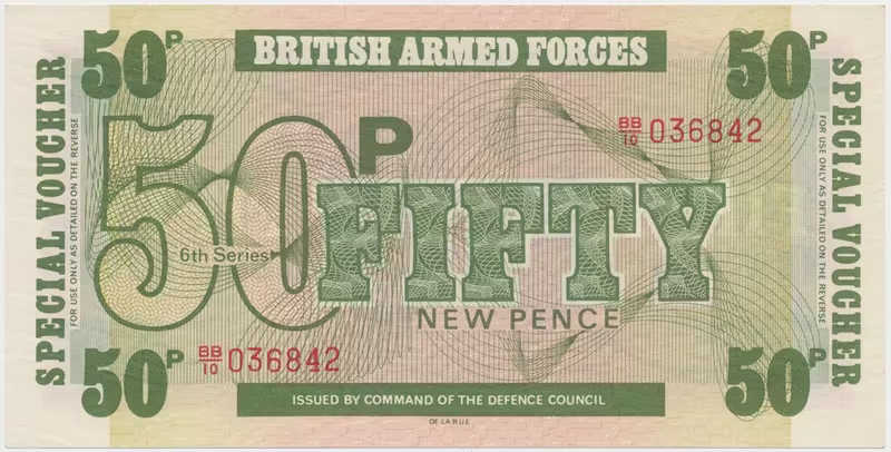 Velká Británie, 50 New Pence (1972), BAF - vojenské vydání, tisk TDLR, P.M46a