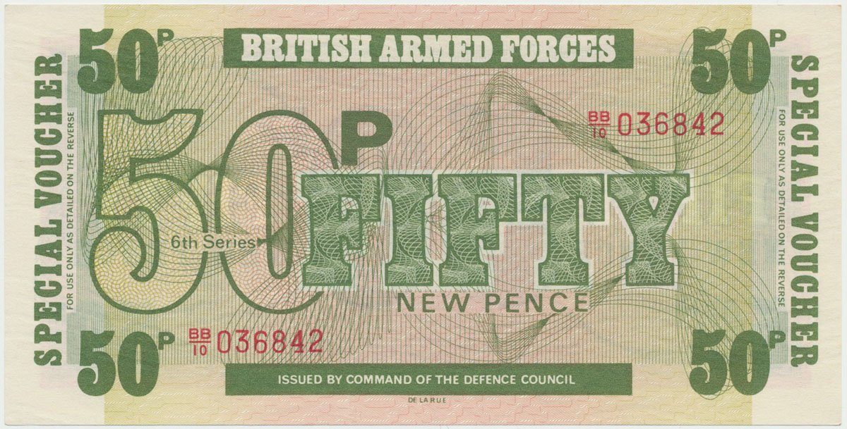 Velká Británie, 50 New Pence (1972), BAF - vojenské vydání, tisk TDLR, P.M46a