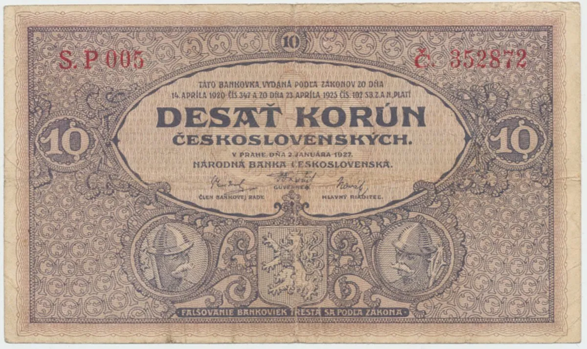 Československo, 10 Koruna 1927, série P, tisk O+R Pardubice, Hej.22aP