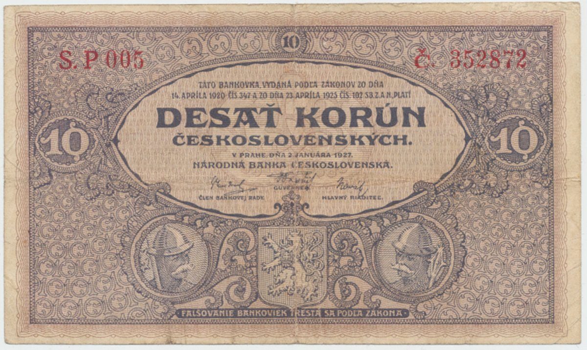 Československo, 10 Koruna 1927, série P, tisk O+R Pardubice, Hej.22aP