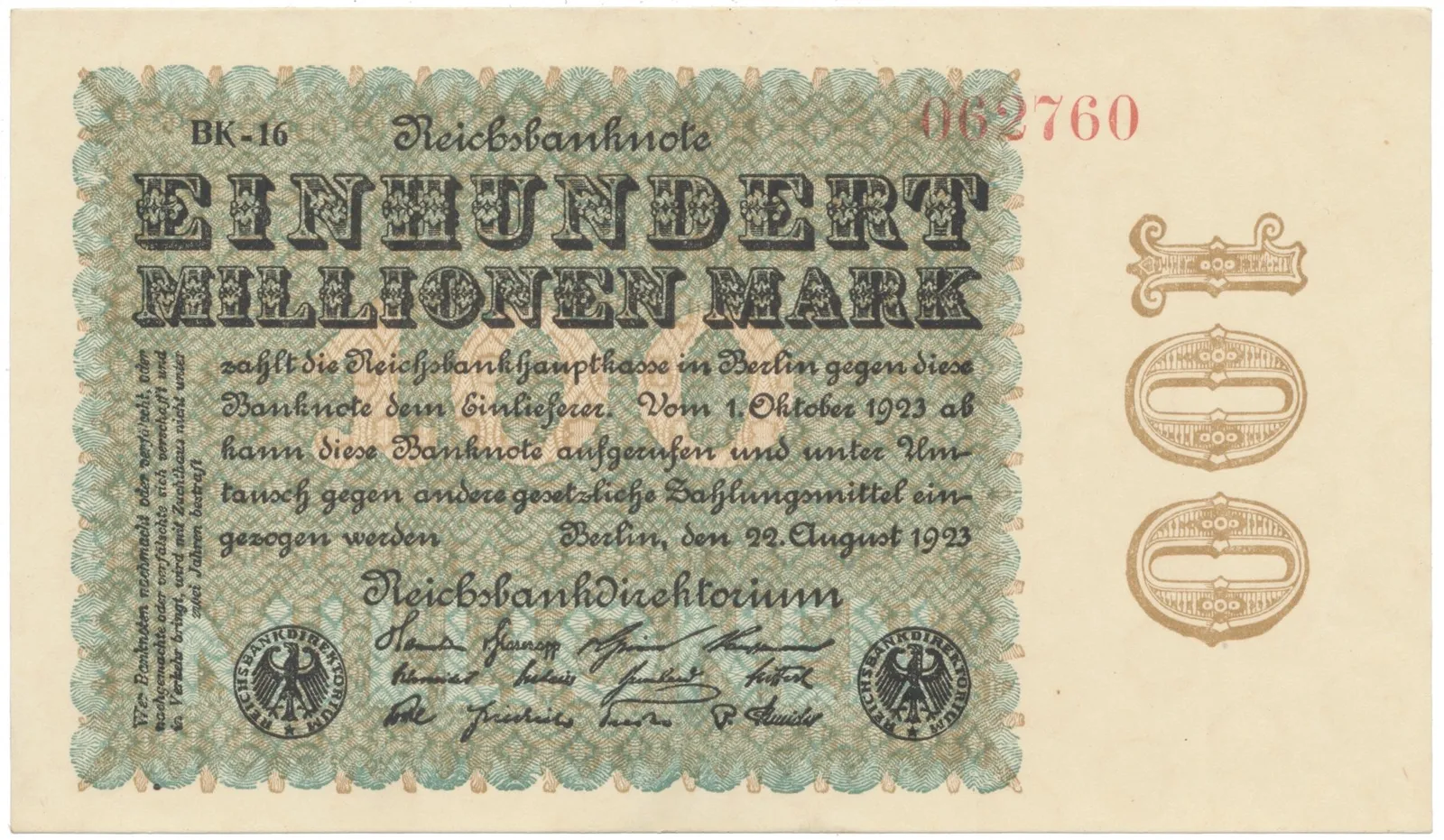 Německo, 100 Millionen Mark 1923, Ringe, Ro.106q