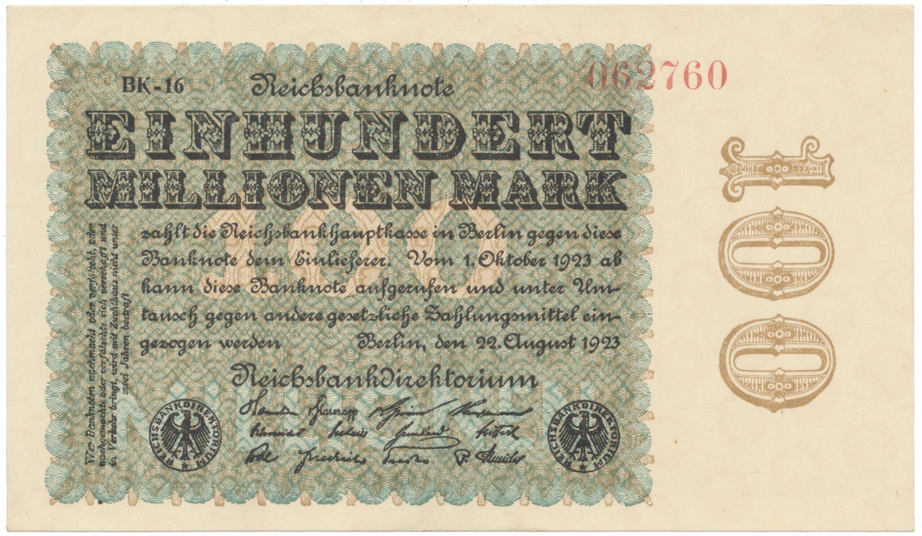 Německo, 100 Millionen Mark 1923, Ringe, Ro.106q