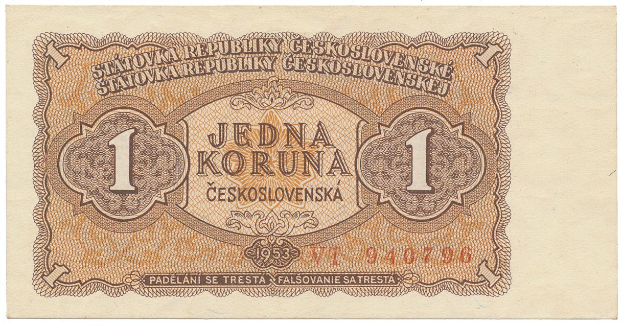 Československo, 1 Koruna 1953, tisk Praha, série VT, Hej.89b1