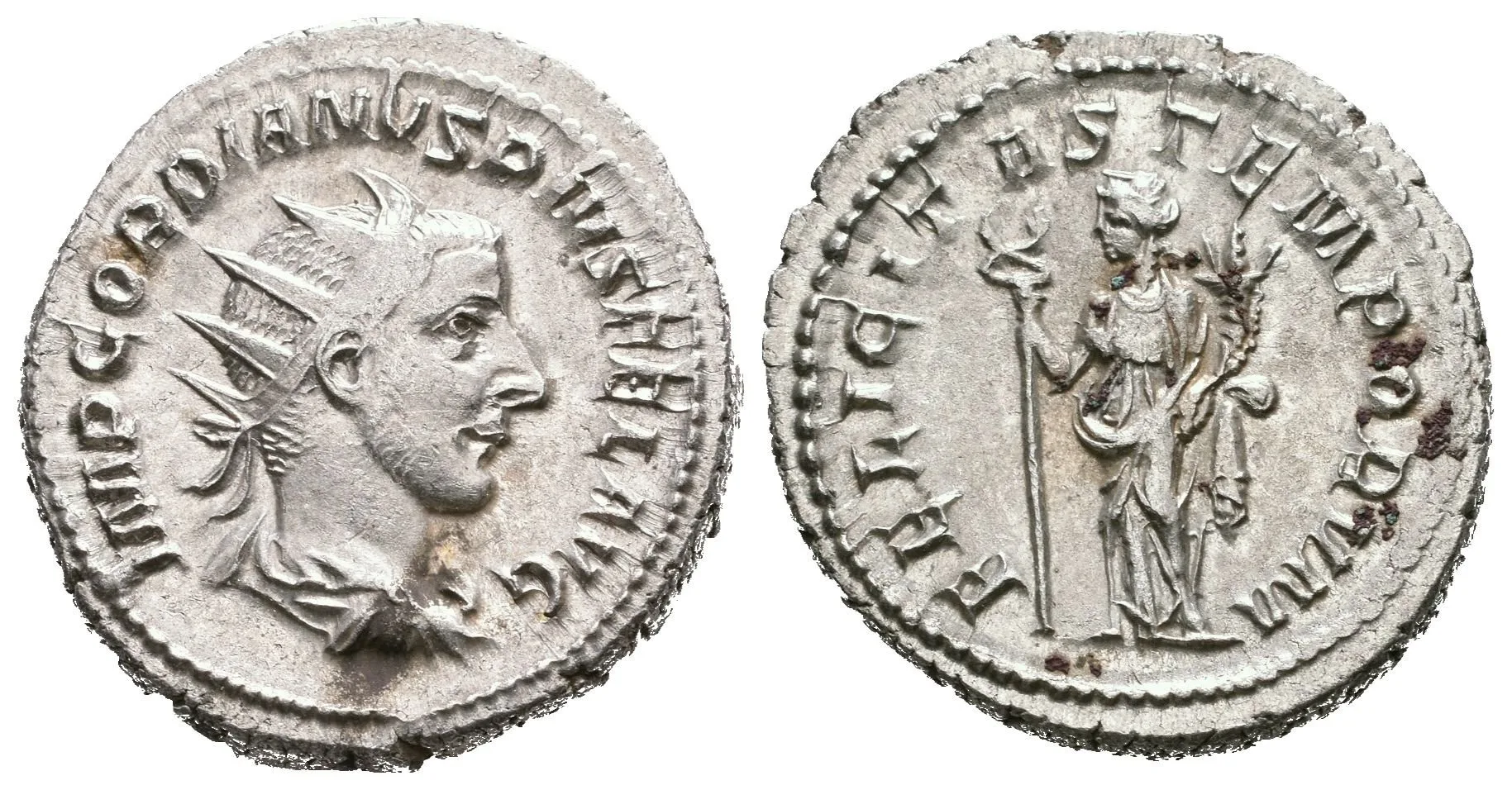 Antoninian, 243 - 244, Rv: FELICITAS TEMPORVM, stojící Felicitas zleva drží dlouhý — 1