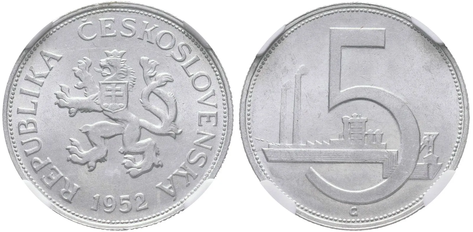 5 Koruna 1952 - nevydaná, etue NGC, hodnocení MS 63, luxusní zachovalost_R! — 1