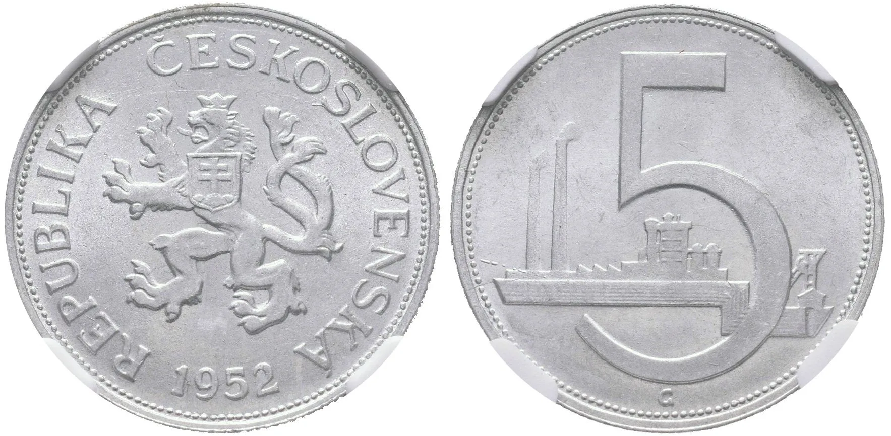 5 Koruna 1952 - nevydaná, etue NGC, hodnocení MS 63, luxusní zachovalost_R! — 1