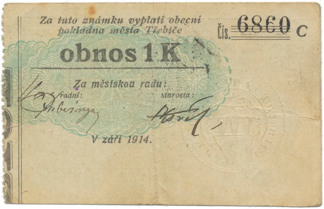 Třebíč - město, 1 K září 1914, silnější K, ručně "Vz", HH.223.5.10s1