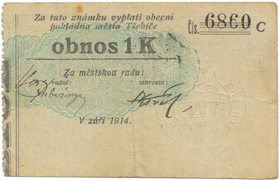 Třebíč - město, 1 K září 1914, silnější K, ručně "Vz", HH.223.5.10s1