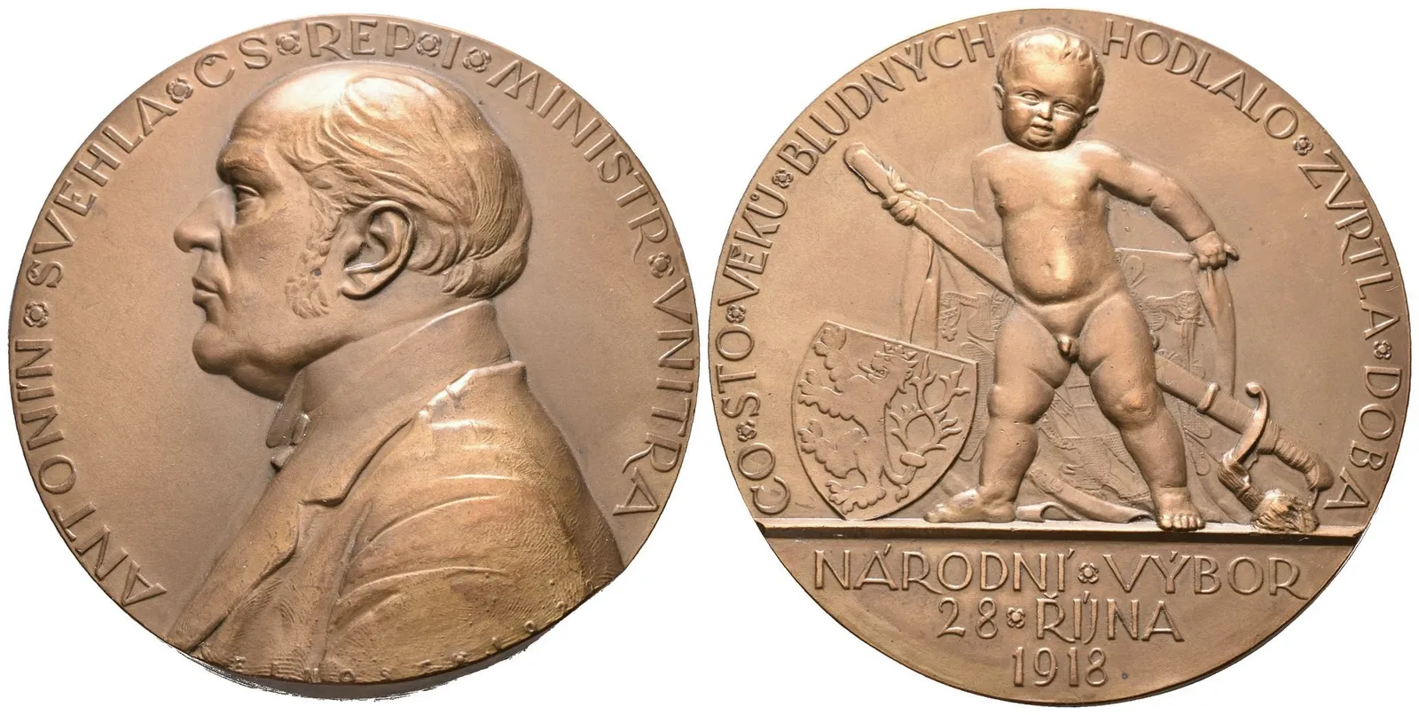 AE Medaile 1922 - Antonín Švehla, ministr vnitra ČSR. Poprsí zleva, opis / Chlapec drží — 1