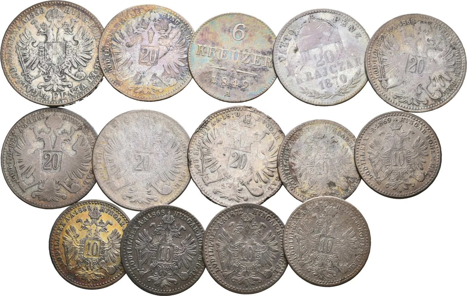 Soubor stříbrných mincí 6 Krejcar 1849 A, 20 a 10 Krejcar 1868 - 1872, — 1