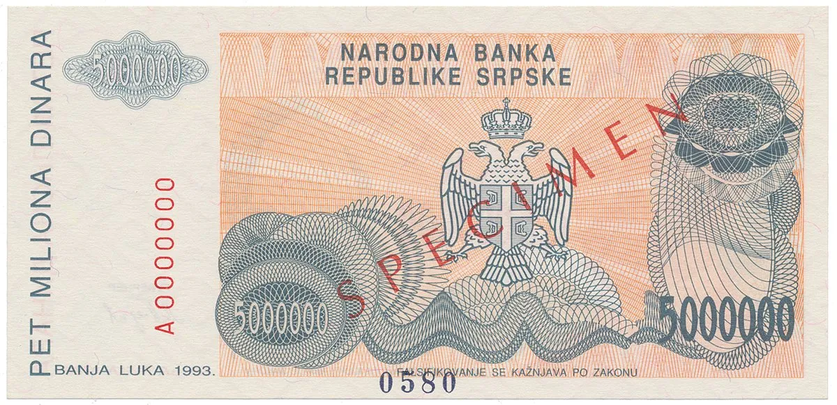 Bosna a Hercegovina, 5 Miliona Dinara 1993, bankovní vzor, A 0000000, přet. SPECIMEN, P.153s