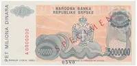 Bosna a Hercegovina, 5 Miliona Dinara 1993, bankovní vzor, A 0000000, přet. SPECIMEN, P.153s
