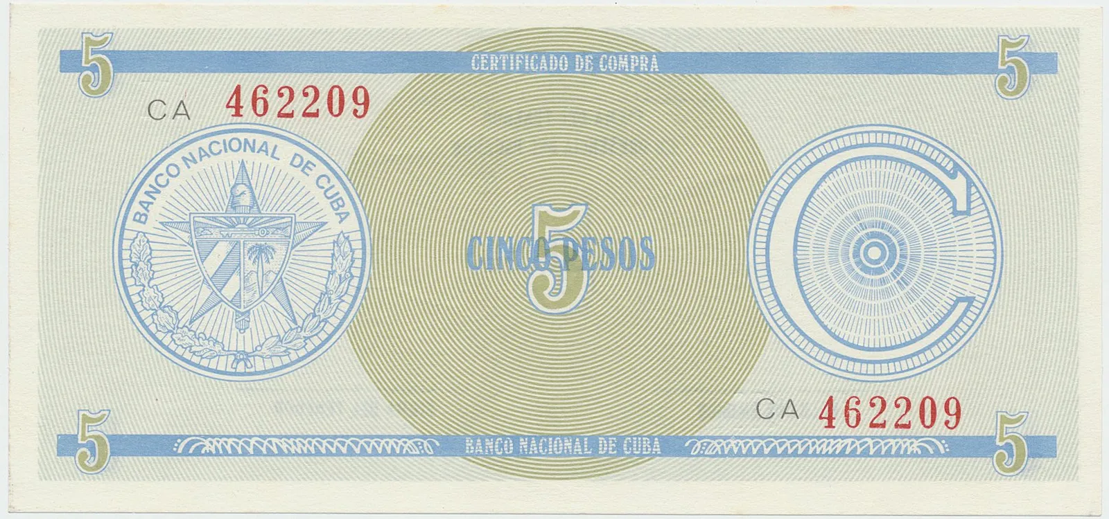 Kuba, 5 Pesos b.d., série C - 1. vydání, červené číslování, P.FX13a