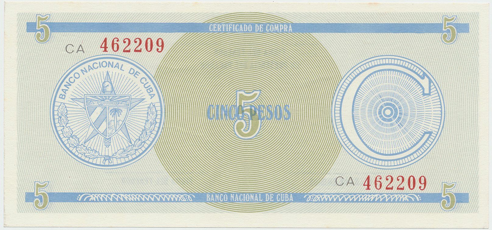 Kuba, 5 Pesos b.d., série C - 1. vydání, červené číslování, P.FX13a