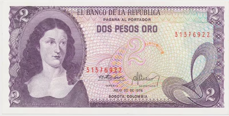 Kolumbie, 2 Pesos Oro 1976~1977, P.413b