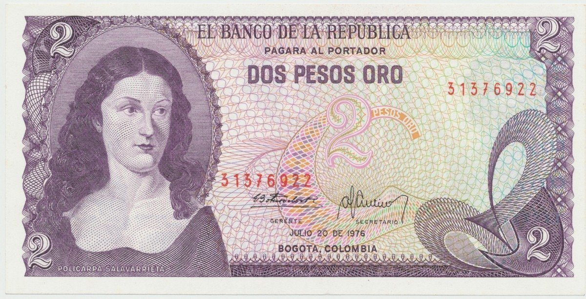 Kolumbie, 2 Pesos Oro 1976~1977, P.413b