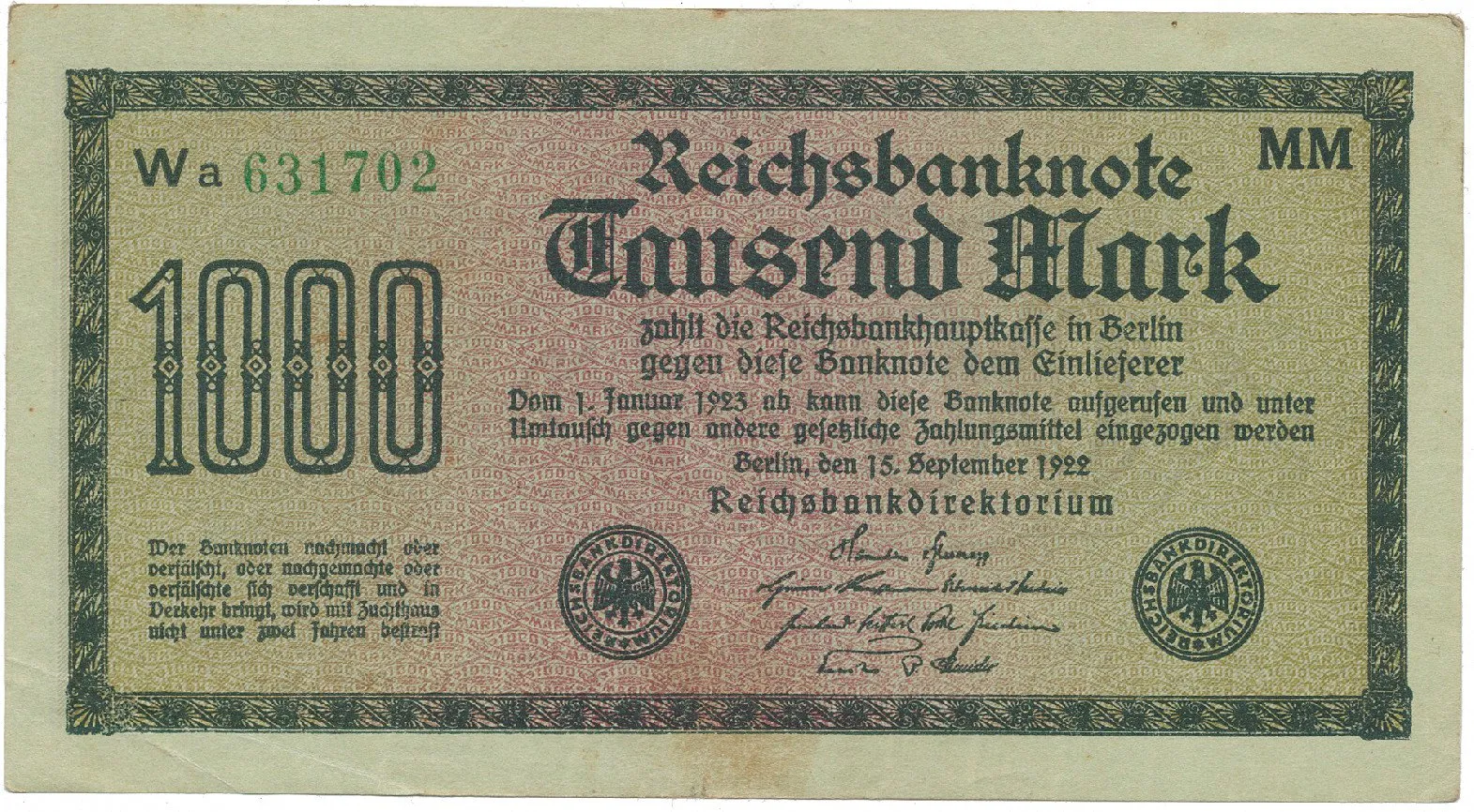 Německo, 1000 Mark 1922, vod. Vielecke, 6-místné číslo, Ro.75f