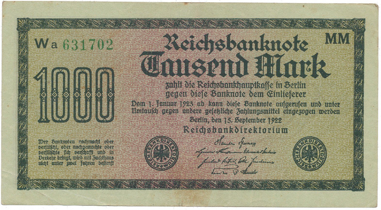 Německo, 1000 Mark 1922, vod. Vielecke, 6-místné číslo, Ro.75f