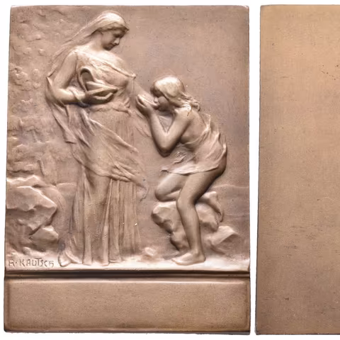 AE Plaketa b.l. - Dvě dívky. Pat. bronz 57 x 42 mm, původní etue