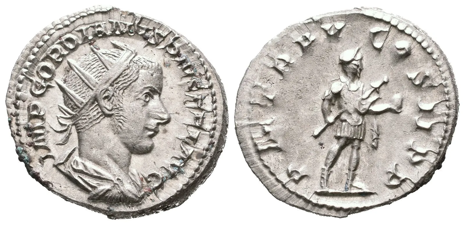 Antoninian, 241 - 243, Rv: P M TR P V COS II P P, stojící Gordian ve vojenském oděvu — 1