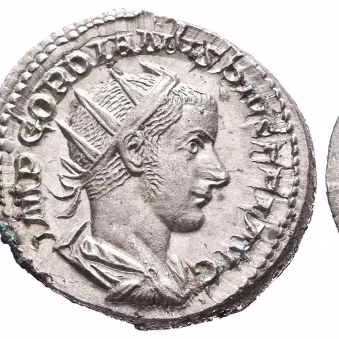Antoninian, 241 - 243, Rv: P M TR P V COS II P P, stojící Gordian ve vojenském oděvu