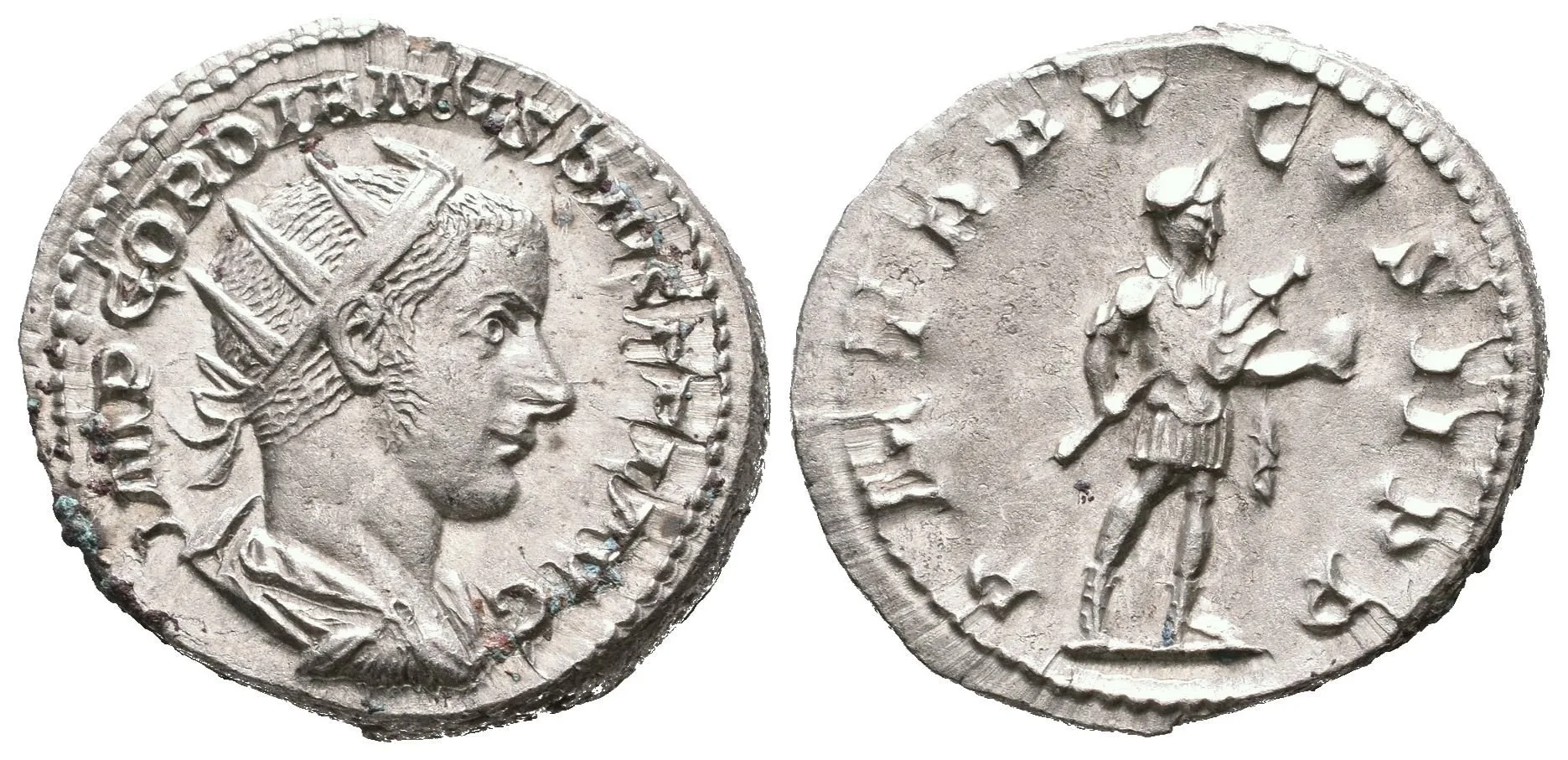 Antoninian, 241 - 243, Rv: P M TR P V COS II P P, stojící Gordian ve vojenském oděvu — 1
