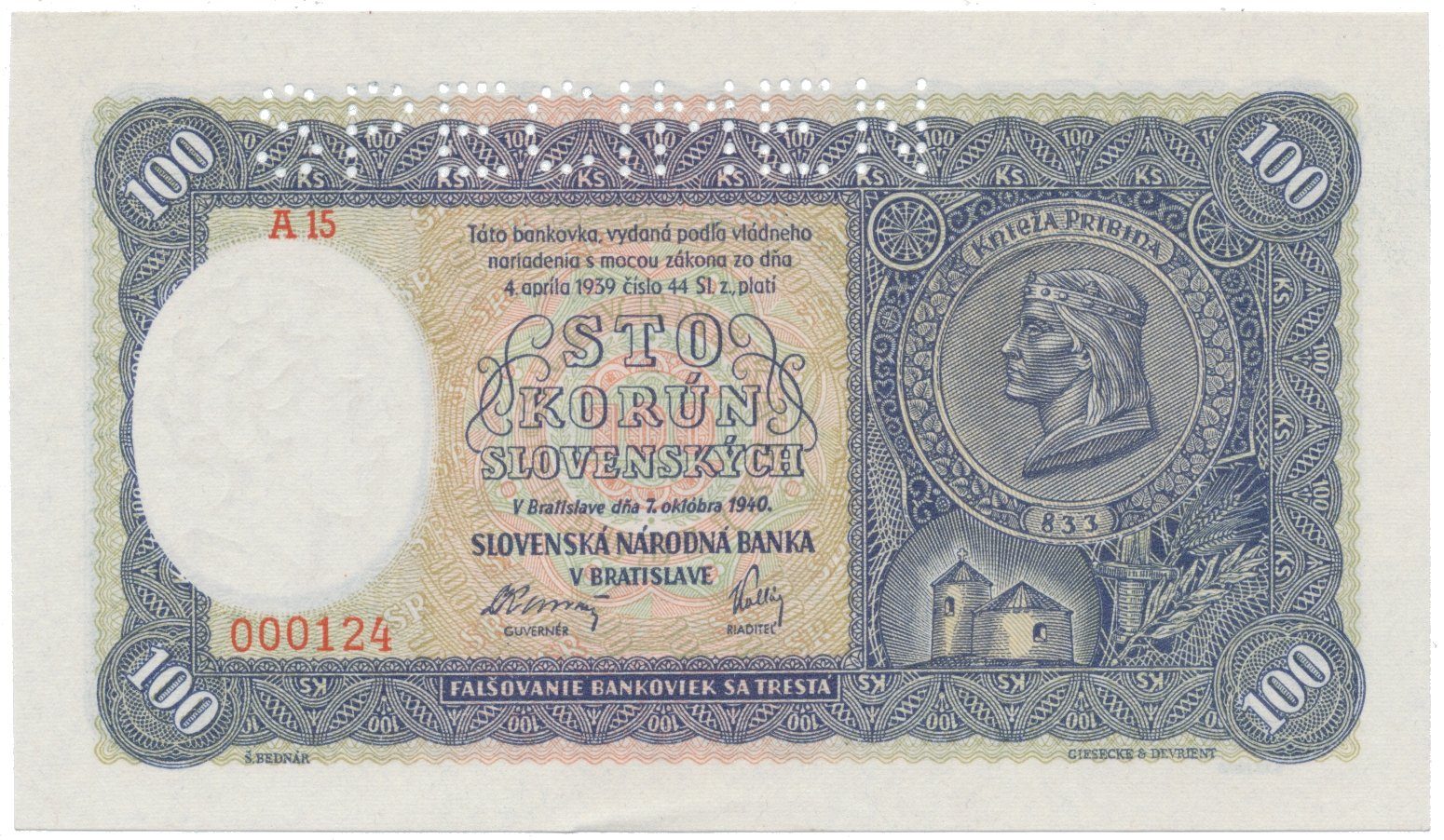 100 Koruna 1940, I. vydání, série A 15, Hej.48a2.S1