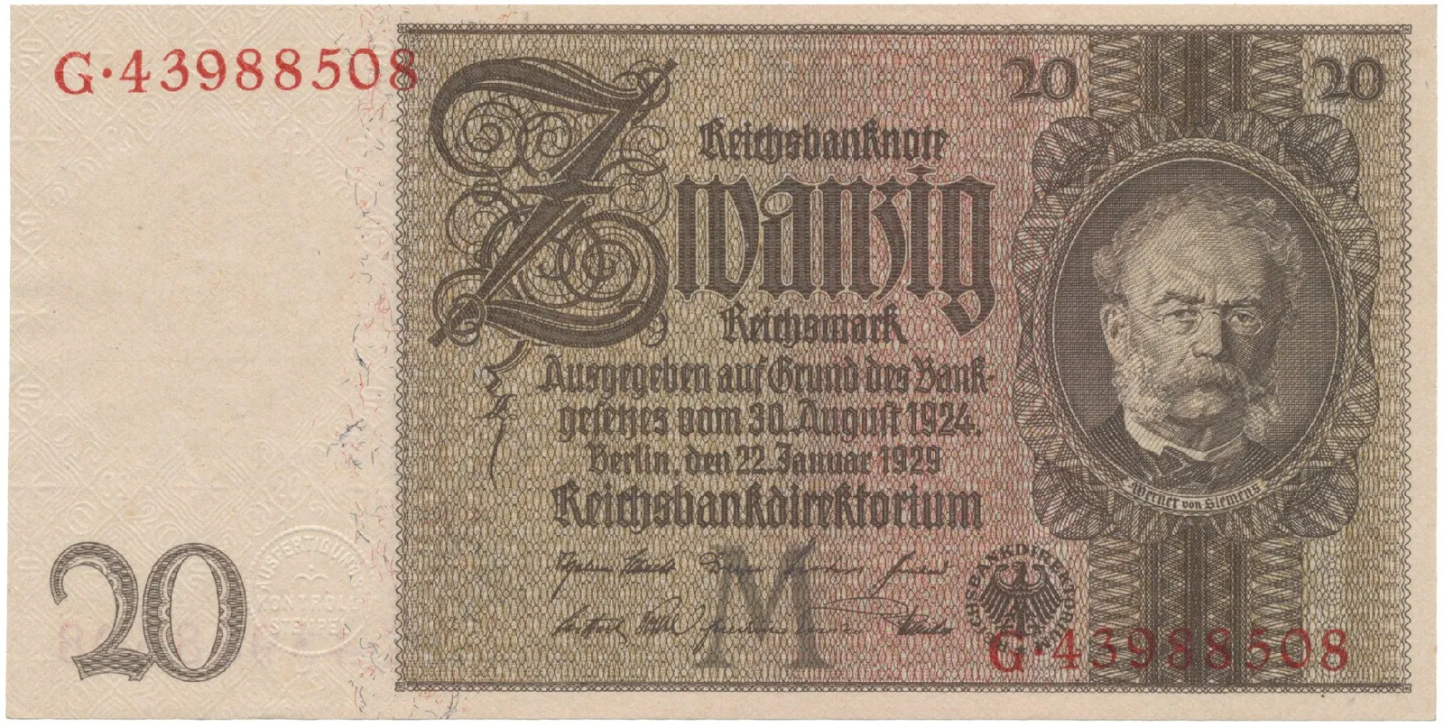Německo, 20 Reichsmark 1929, typ O/O, Hej.D3c