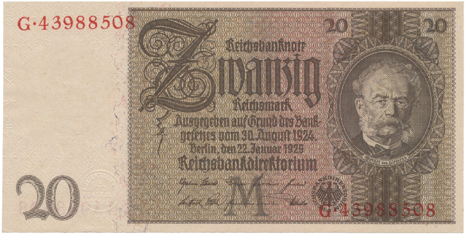 Německo, 20 Reichsmark 1929, typ O/O, Hej.D3c