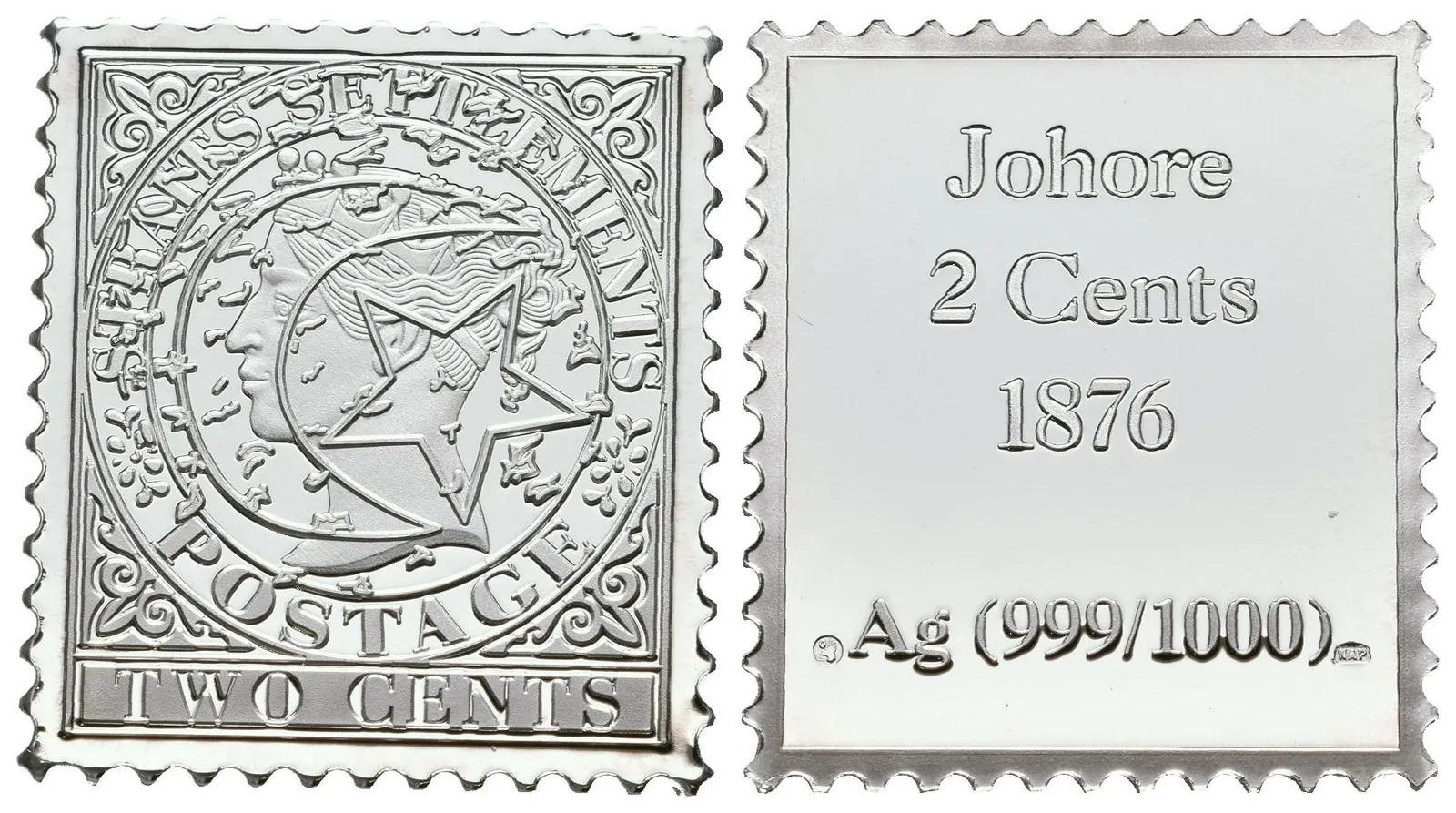 Stříbrná známka - Johor 1876 - 2 centy - Ag 6 g - 999/1000