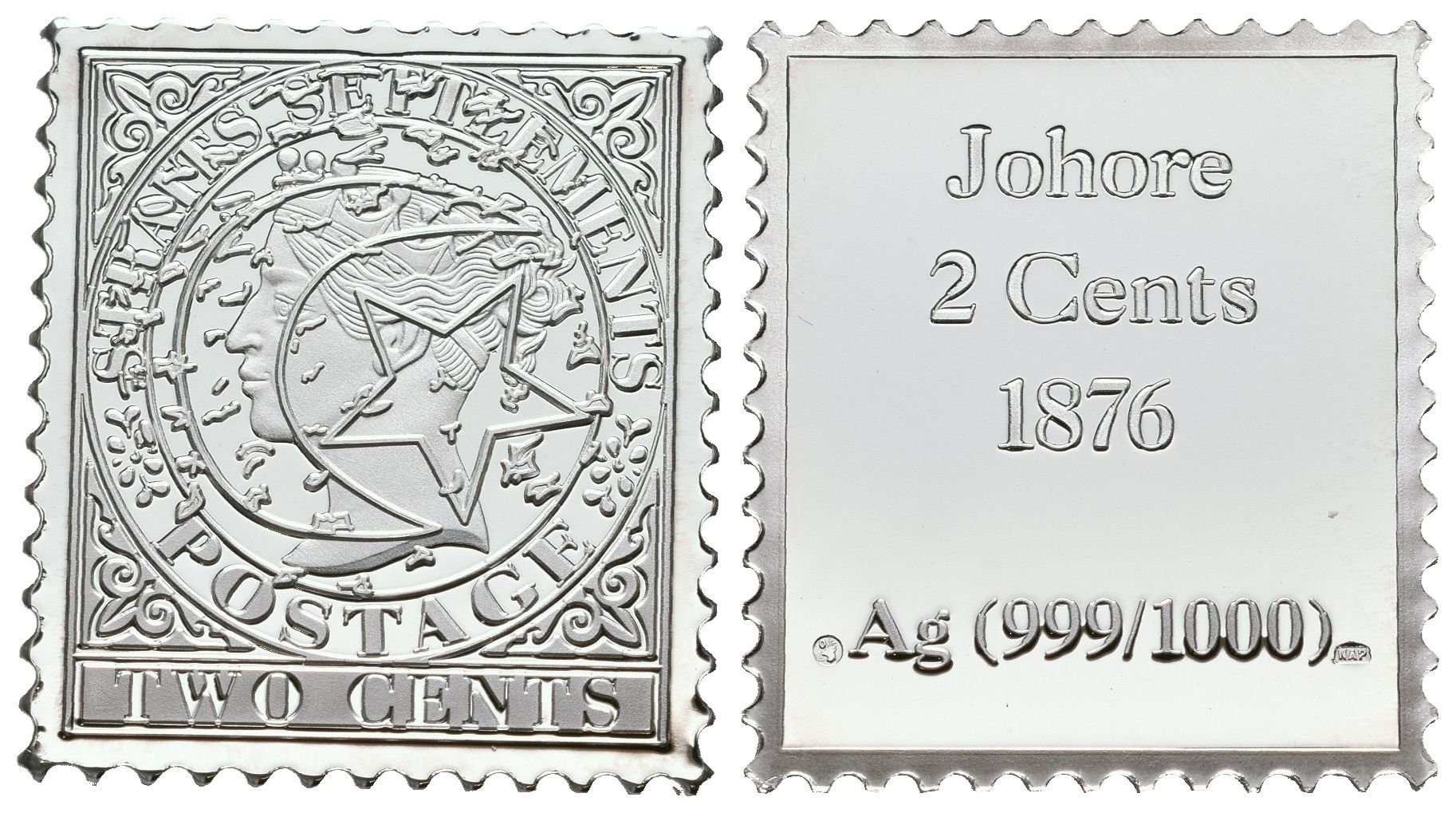 Stříbrná známka - Johor 1876 - 2 centy - Ag 6 g - 999/1000