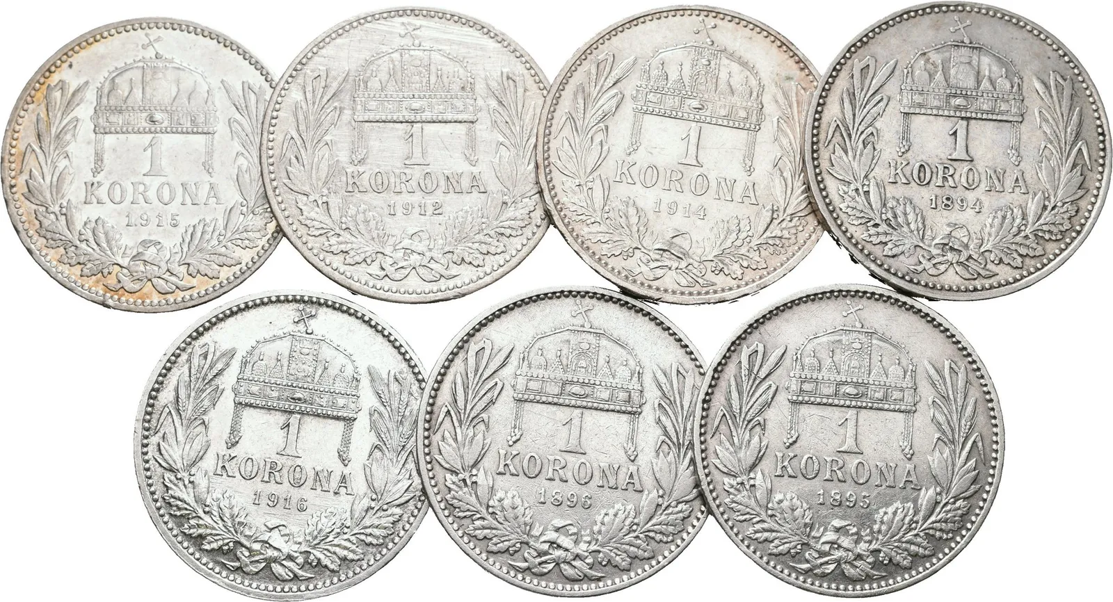 Soubor mincí - 1 Koruna 1893, 1894, 1896, 1912, 1914, 1915 a 1916, — 1