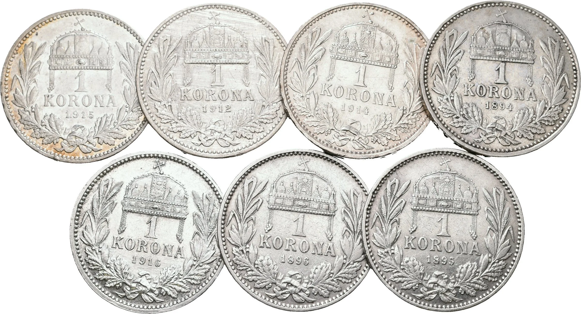 Soubor mincí - 1 Koruna 1893, 1894, 1896, 1912, 1914, 1915 a 1916, — 1