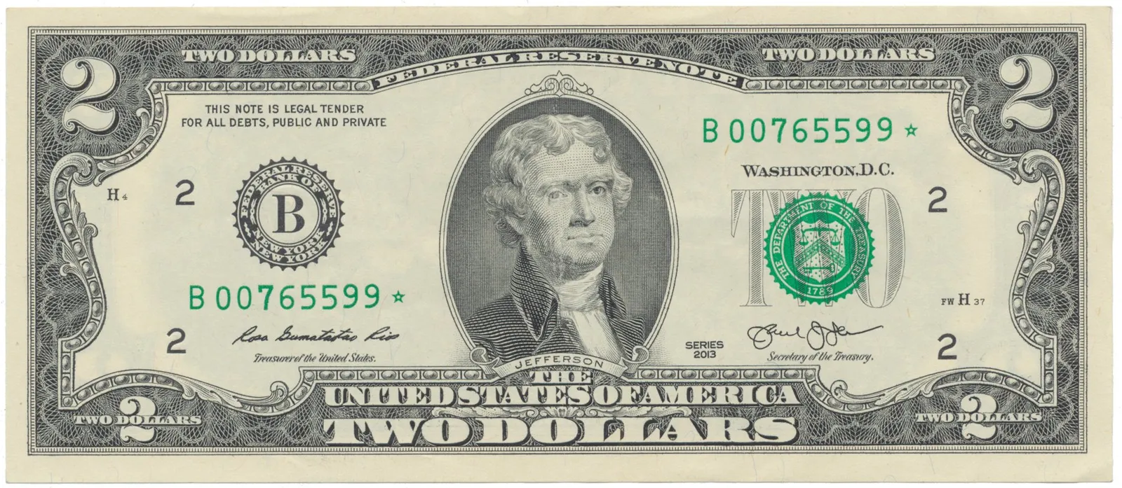 USA, 2 Dollars 2013, deklarace nezávislosti, náhradní série *, Pick.538r