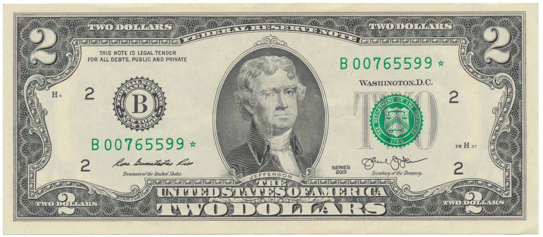 USA, 2 Dollars 2013, deklarace nezávislosti, náhradní série *, Pick.538r