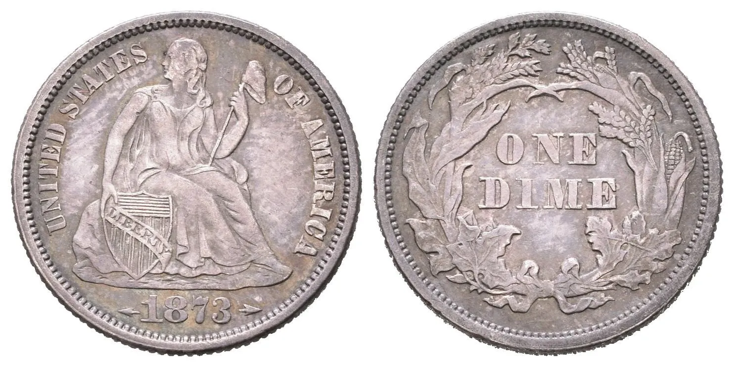 Dime 1873, KM.105, pěkná zachovalost, patina, zbytky lesku — 1