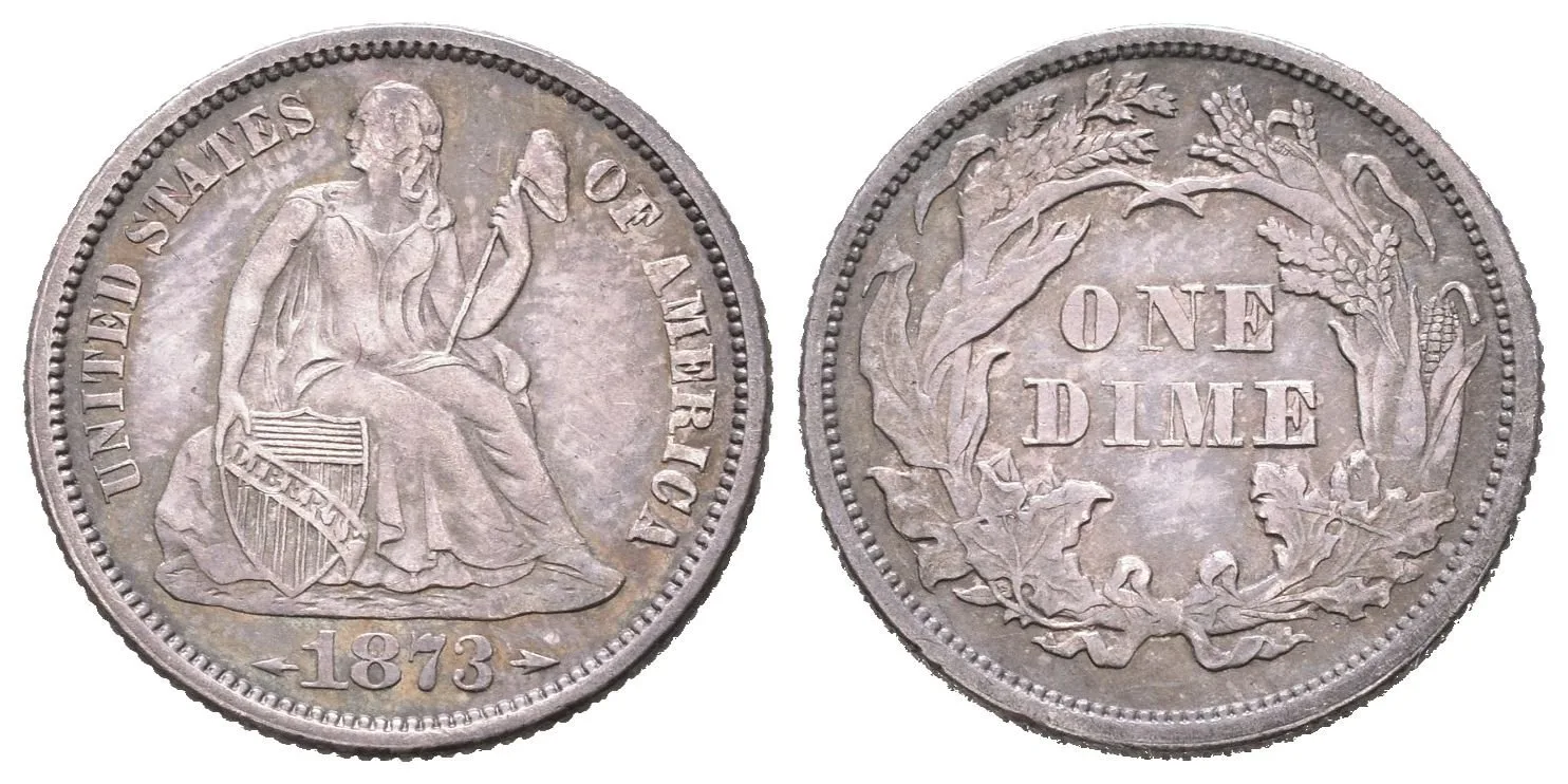 Dime 1873, KM.105, pěkná zachovalost, patina, zbytky lesku — 1