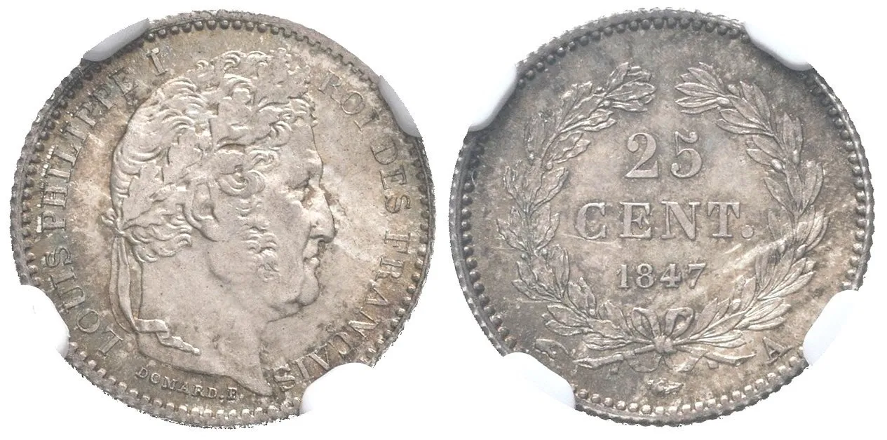 25 Centimes 1847 A, KM.755.1, certifikace NGC, hodnocení MS 65, luxusní zachovalost — 1
