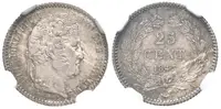 25 Centimes 1847 A, KM.755.1, certifikace NGC, hodnocení MS 65, luxusní zachovalost — 1