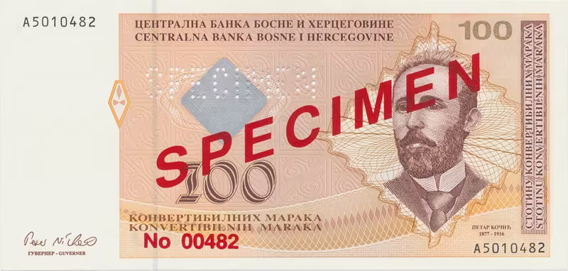 Bosna a Hercegovina, 100 Konvert. Marka (1998), anulát - SPECIMEN, P.70s