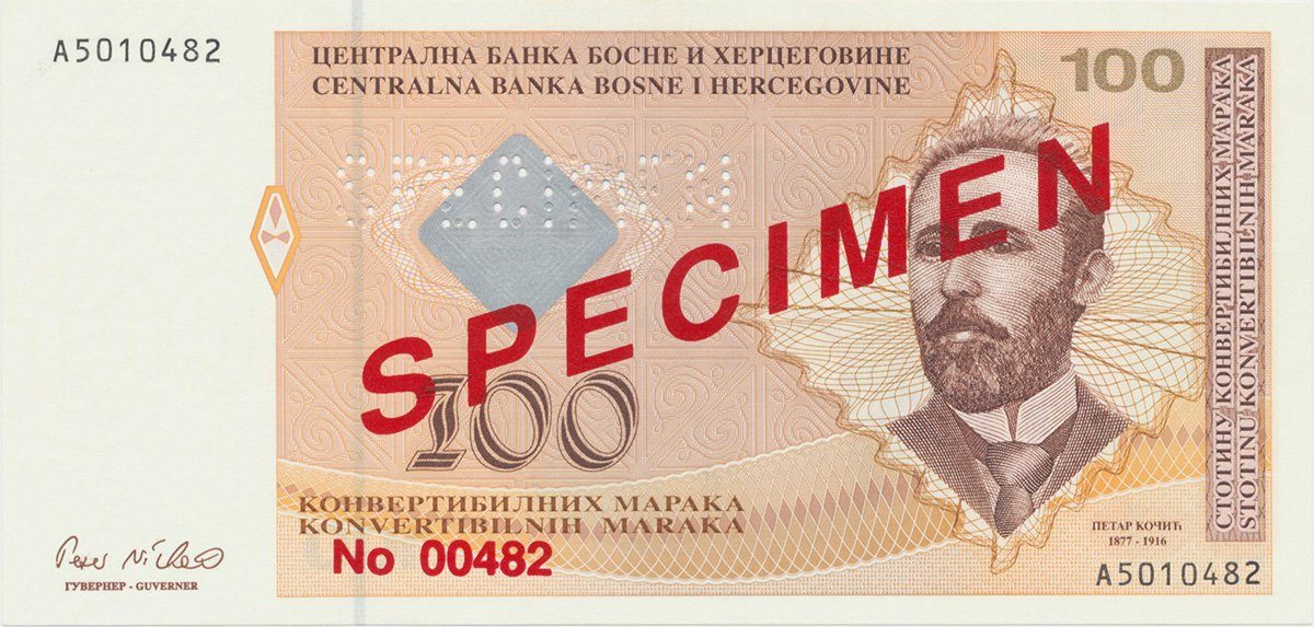 Bosna a Hercegovina, 100 Konvert. Marka (1998), anulát - SPECIMEN, P.70s