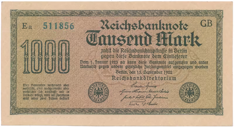 Německo, 1000 Mark 1922, vod. Gitter, modrozelené 6-místné číslo, Ro.75n