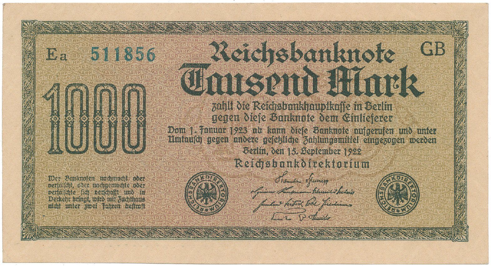 Německo, 1000 Mark 1922, vod. Gitter, modrozelené 6-místné číslo, Ro.75n