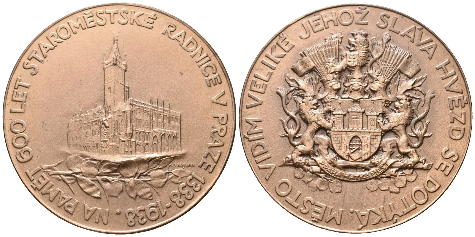 AE Medaile 1938 - Na paměť 600 let Staroměstské radnice v Praze. Bronz 55 mm — 1