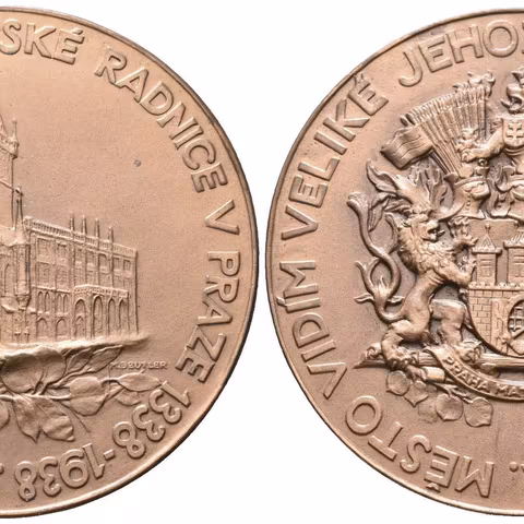 AE Medaile 1938 - Na paměť 600 let Staroměstské radnice v Praze. Bronz 55 mm