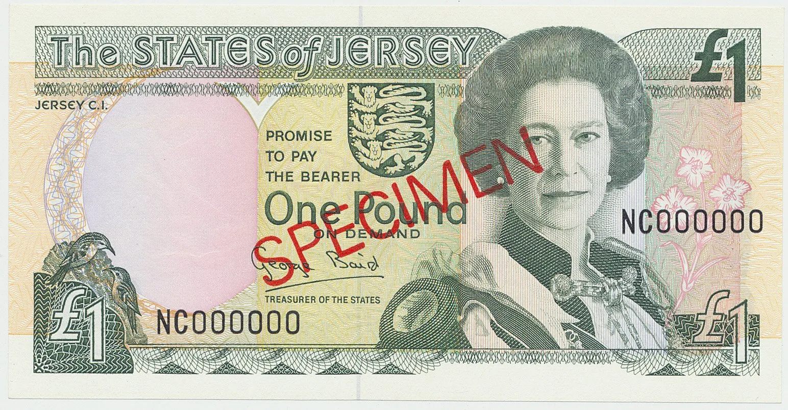 Jersey, 1 Pound (2000), bankovní vzor, přetisk SPECIMEN, P.26as