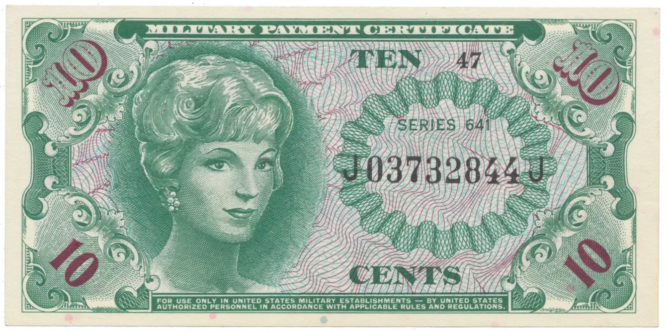 USA, vojenské vydání MPC, 10 Cents (1965), P.M58